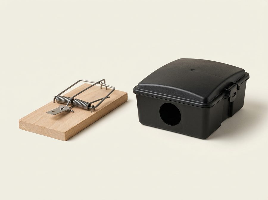 Tapette à souris en bois et boîte d’appâtage noire